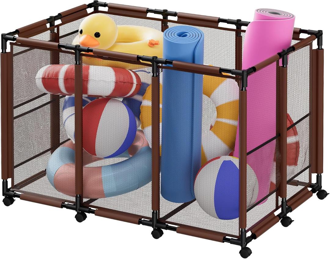 Extra Large Pool Storage Bin, Metal Rolling Float Swimming Equipment Holder Organizer Cart with Mesh, Brown XL