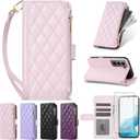 Argyle Wallet Cover for Samsung Galaxy S22 5G with Tempered Glass Screen Protector Wrist Strap, Card Slot Luxury PU Leather Card Holder Stand Phone Case for S 22 22S 4G G5 6.1 inch Women Pink