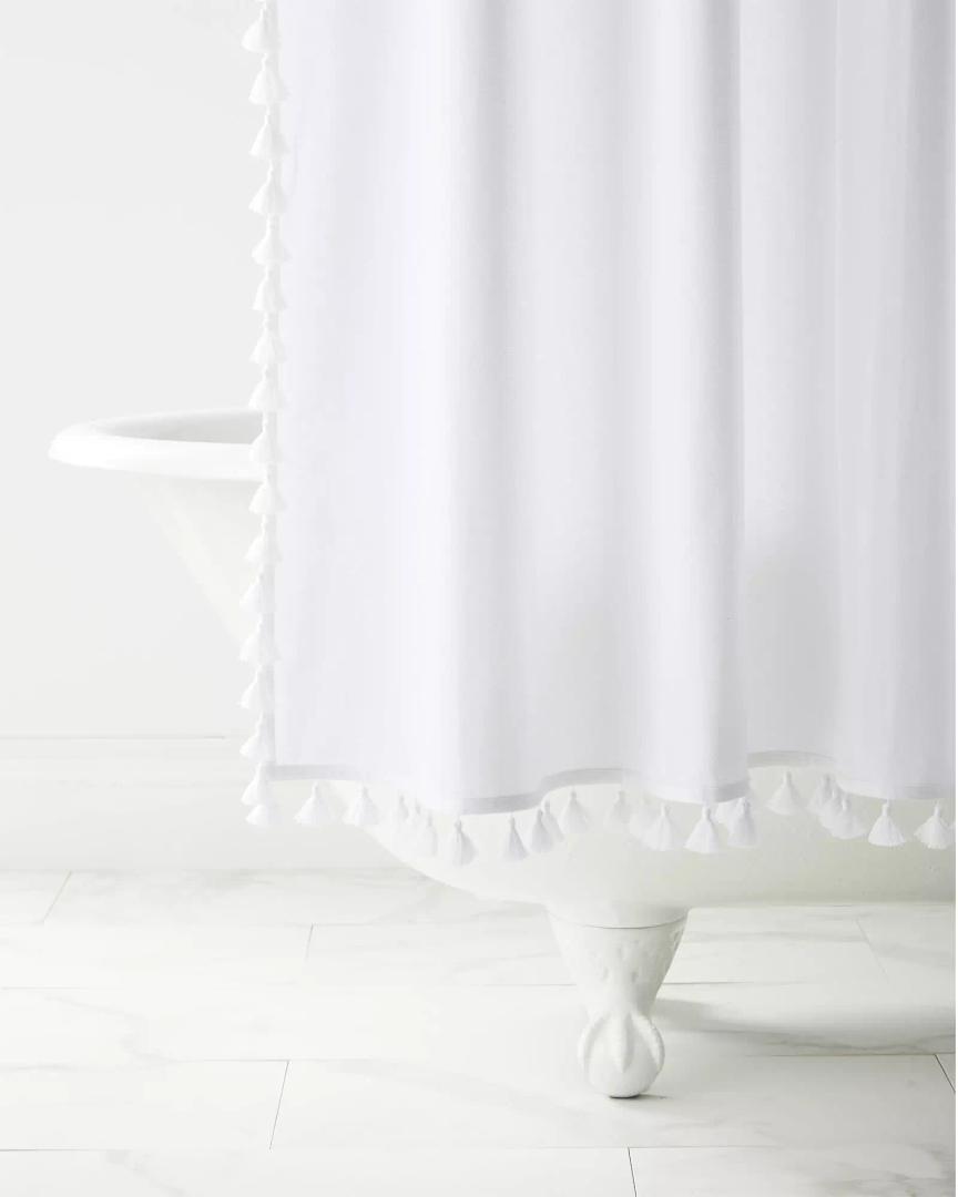 White 
French Tassel Shower Curtain
, 6×6Ft