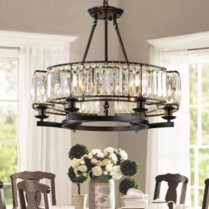 Vintage Crystal Chandelier Black 6 Lights Hanging Ceiling Light Fixture Iron Frame Pendant Lighting for Farmhouse Decoration Dining Table Living Room, 25.6 inch