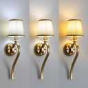 Set of 2 Gold Wall Sconce Light Fixtures, 1-Light Mid Century Modern Vanity Lighting with Conical Fabric Shade, Graceful Curved Iron Arm, Crystal Accent, Indoor Classic Wall Mounted Lamps (Linen)