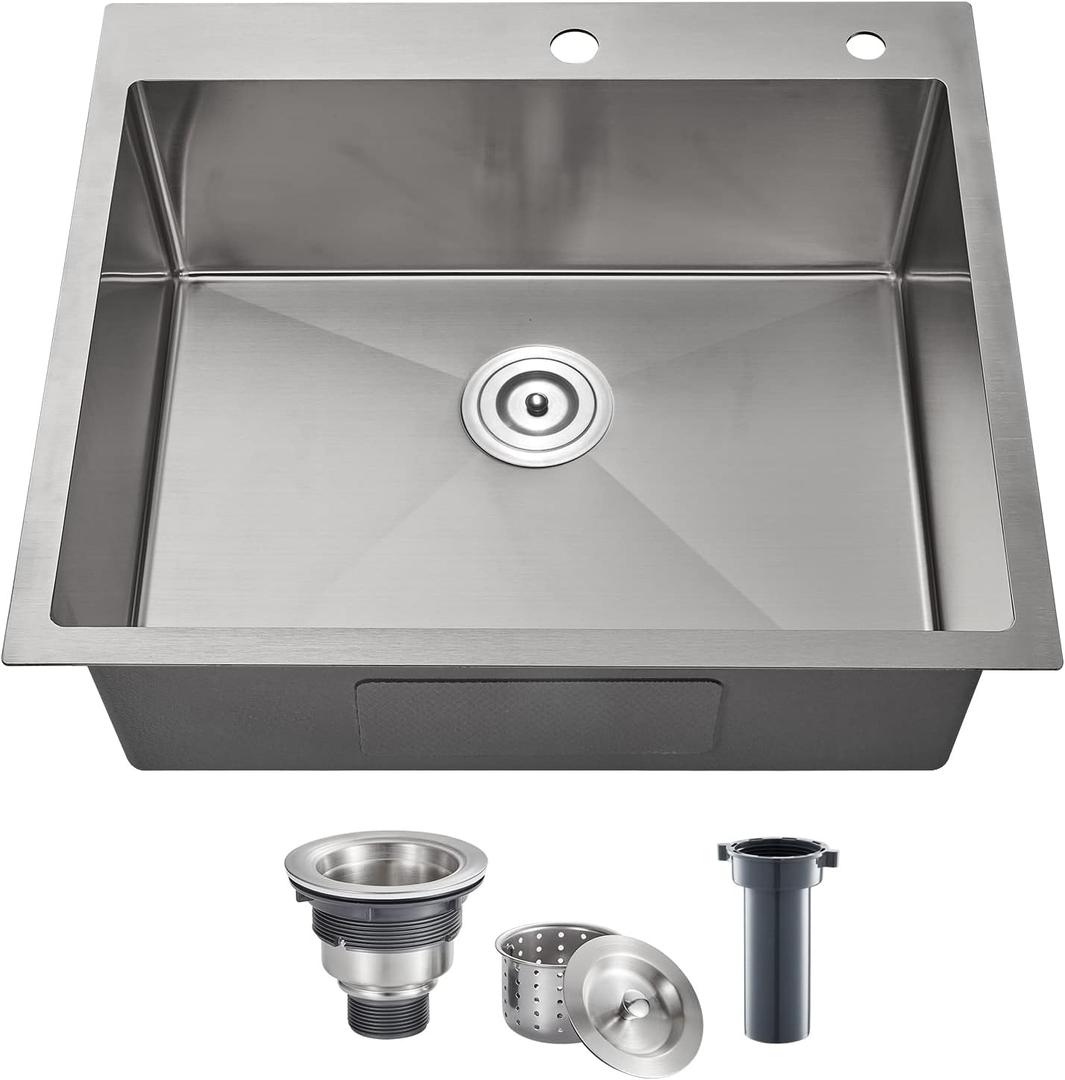 POPFLY 2522 Inch Drop in Kitchen Sink, Top mount Stainless Steel Single Bowl Sink, 18 Gauge Hand-made Overmount 9 Inch Deep Sink, Brushed