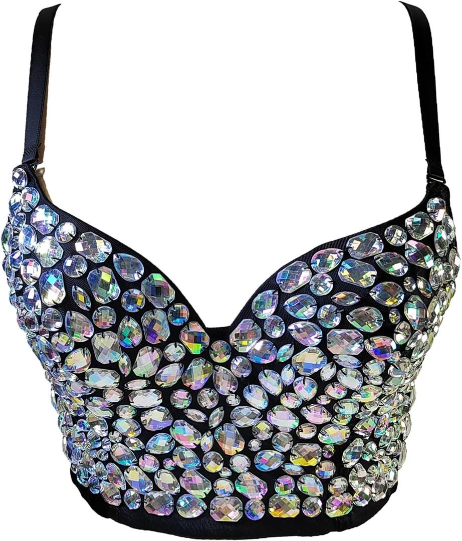 Women's Bustier Crop Top Mesh Corset Top Push up Rhinestone Diamond Bra Club Party Vest (#7 Black) Small