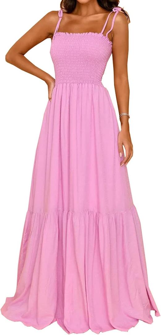 kinstell Women's 2025 Summer Casual Boho Sleeveless Spaghetti Strap Smocked Square Neck Ruffle A Line Beach Long Maxi Dress (Pink)
