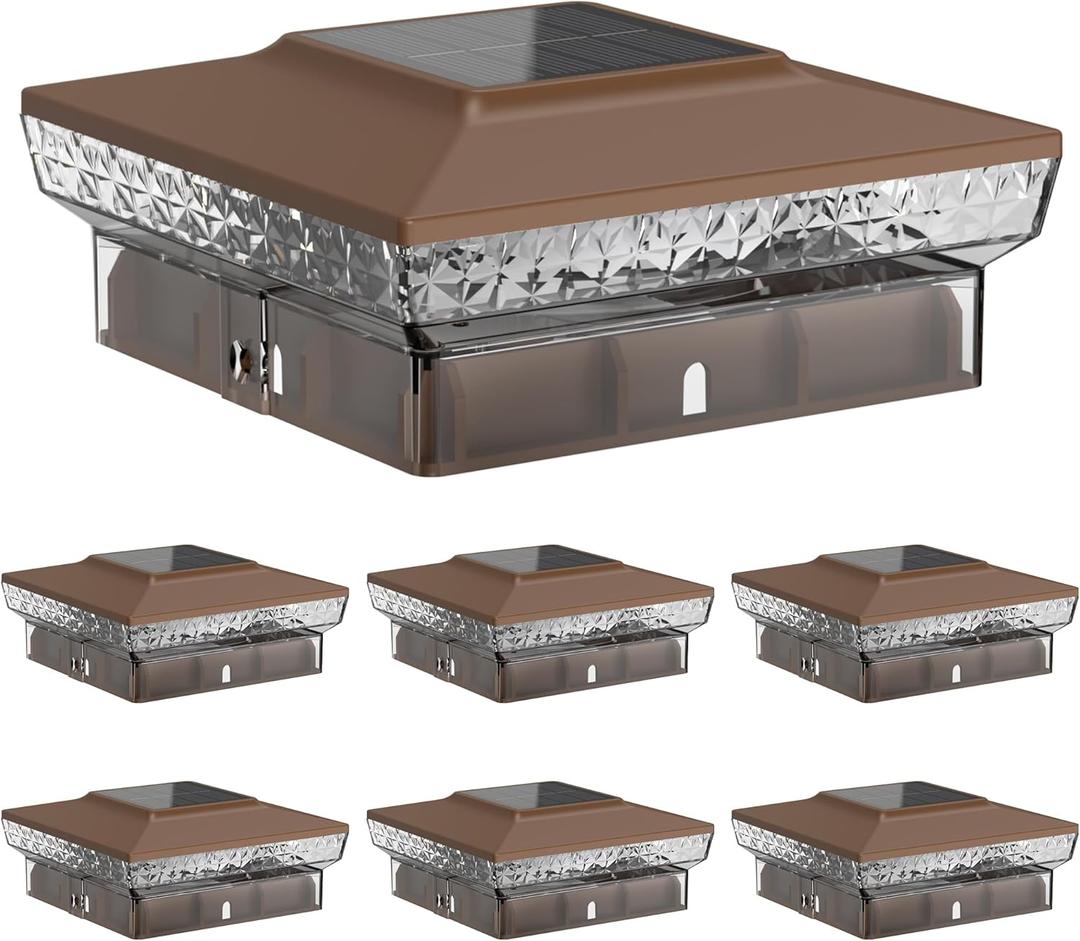 Solar Post Cap Lights, 6-Pack Upgraded Outdoor Deck Fence Post Solar Lights for 4x4 5x5 Wood/Vinyl Posts, IP65 Waterproof, 10-12 Hours Warm/Cool White Glow for Garden/Patio/Porch - Brown