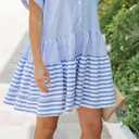 Chouyatou Women Summer Beach Short Sleeve Striped Shirt Dress Button Down Tiered Mini Tunic Babydoll Dress (Blue, XL)