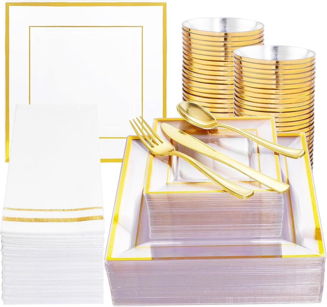 Festiva 350Pcs Clear Plastic Plates with Gold rim - Clear Gold Disposable Dinnerware for 50 Guests include Square Plastic Plates/Cups/Cutlery/Napkins Perfect for Birthday Party & Wedding
