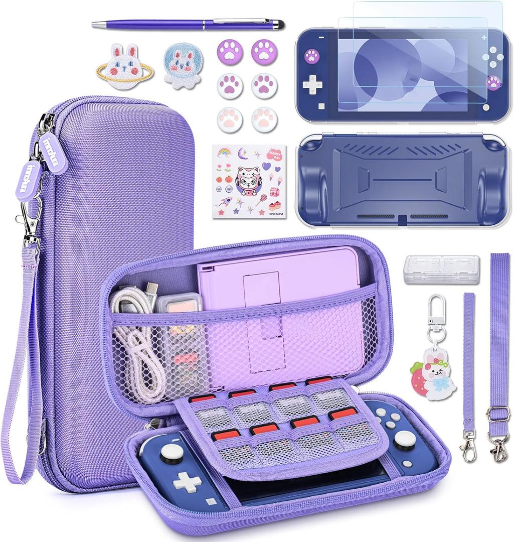 innoAura Switch Lite Case 18-in-1 Accessories Bundle for NS Switch Lite (2019), with Protective Carrying Case, Game Holder, Screen Protector & Cute Thumb Grips, Purple