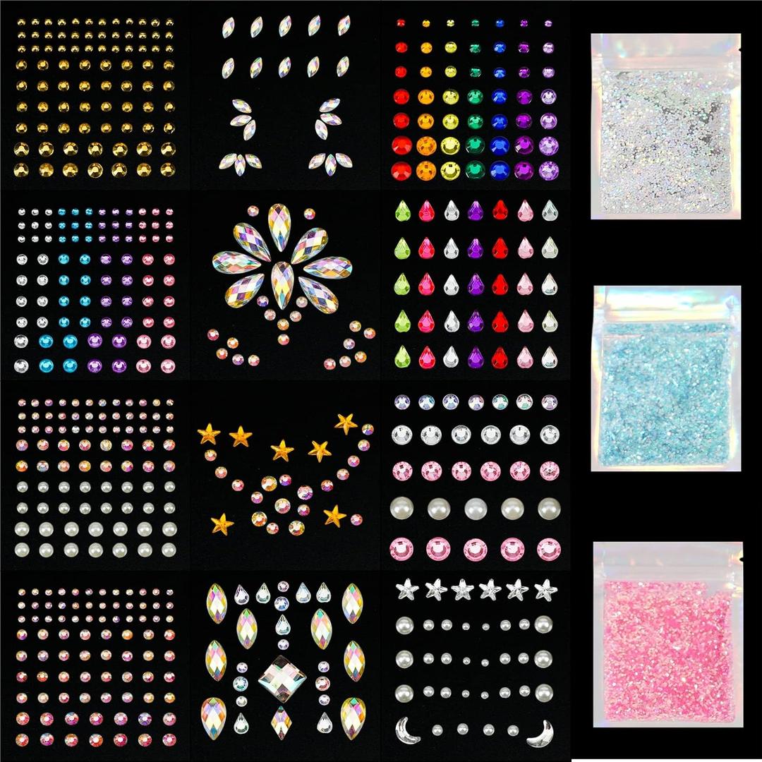 DECOYARDOO Face Jewels Crystal Stickers 12 Sheets, 15g Chunky Mix Glitter