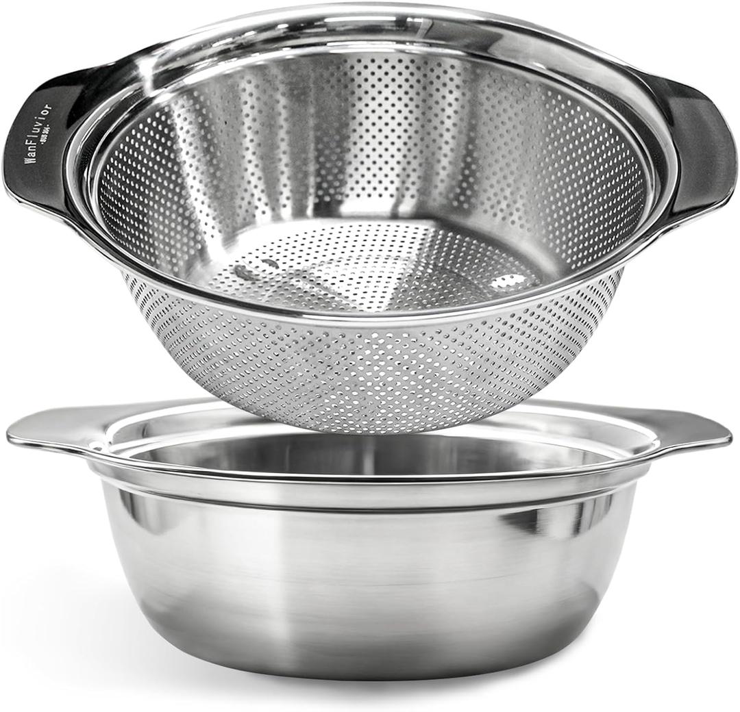 2 PCS Stainless Steel Colander, 3.5 QT 18/8 Stainless Steel Strainer, Colander for Kitchen Made of SUS304 Stainless Steel with Handle for Veggie Fruit Rice Pasta, Easy to Clean