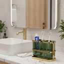Toothbrush Holders for Bathrooms, Toothbrush Holder Wall Mounted, Kitchen Utensil Holder, 2 Cups Dry & Wet Separation, Kitchen Bathroom Tooth Brush Holder Organizers and Storage (Green Gold)