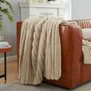 Amlie Home Faux Fur Throw Blanket for Couch, Cozy Fuzzy Fluffy Fur Luxurious Soft Striped Plush Gift Blankets for Family Sofa Chair Bedroom, 55"x70", Beige