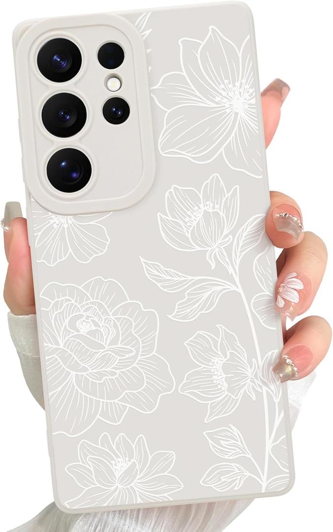 for Samsung Galaxy S25 Ultra case Silicone White Floral Lotus Cute Pattern Case，Camera Protection Soft Slim Phone Case for Girls Women - White