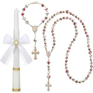 WILLBOND 3 Pcs First Communion Rosary and Candle Set Confirmation Candle Gifts Set Baptism Catholic Bracelets Cross Necklace Holy Communion Accessories for Christening Gift Keepsake(Rose Rosary)
