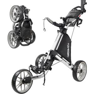 Caddytek CaddyLite EZ V8 Golf Push Cart - Lightweight 3 Wheel Foldable Cart with One-Click 2-Step Folding, EVA Wheels, Adjustable Handle, Cooler Basket, Umbrella & Drink Holder, Compact Golf Cart (Silver)
