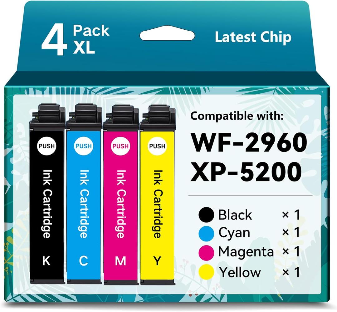 Remanufactured Ink Cartridges for Epson 222XL Ink Cartridges for T222 T222XL High Yield for Epson Expression Home XP-5200 Workforce WF-2960 Black Cyan Magenta Yellow