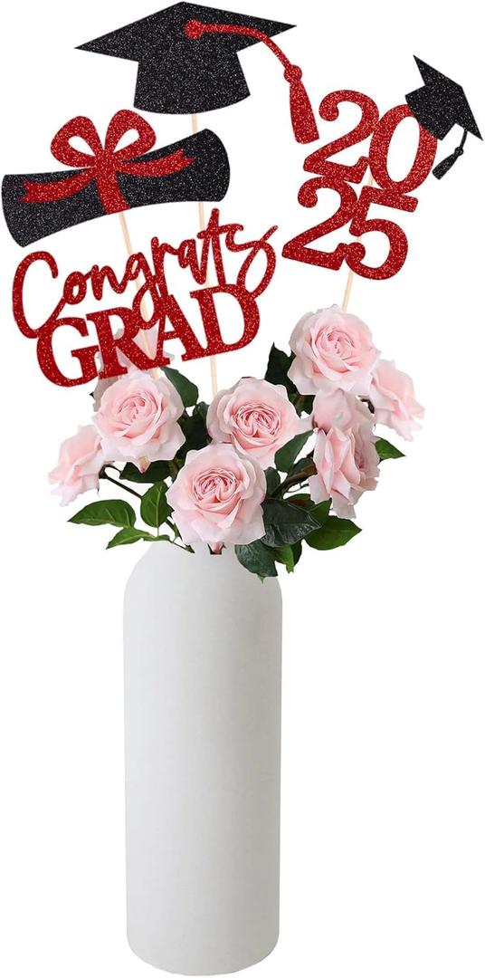4 x Gexolenu 16 PCS Red and Black Double-Sided 2025 Graduation Centerpieces for Tables, 2025 Table Toppers Party Centerpiece Sticks Party Supplies, Graduation Party Decorations Class of 2025, Set of 4