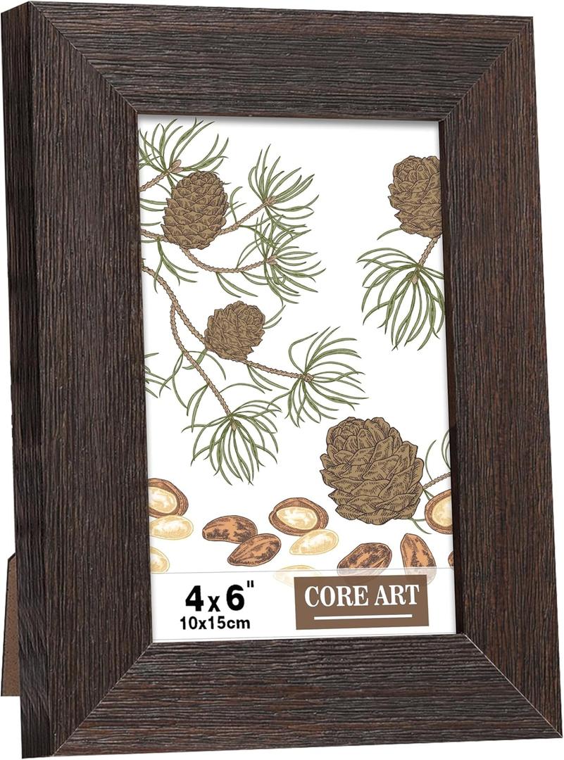 CORE ART 4x6 Picture Frame, Handmade Wood Rustic Brown Photo Frame, High Definition Semi-tempered Glass Wall or Tabletop Display (4x6 - 1 pack)