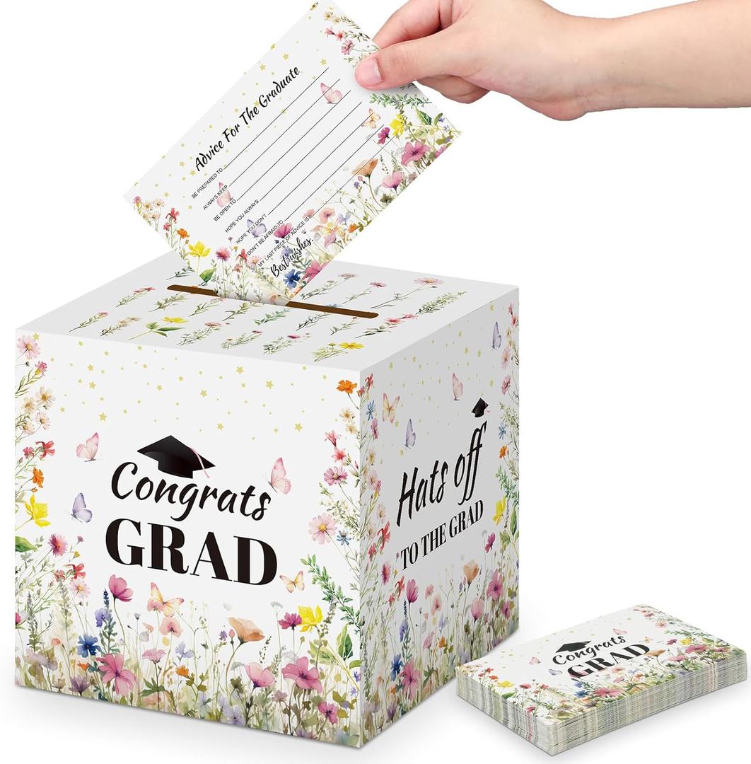 Gueevin 2026 Graduation Card Box Holder Party Decorations Wildflower Congrats Grad Card Box with 50 Pcs Advice Cards Class of 2026 Graduation Party Decorations Supplies
