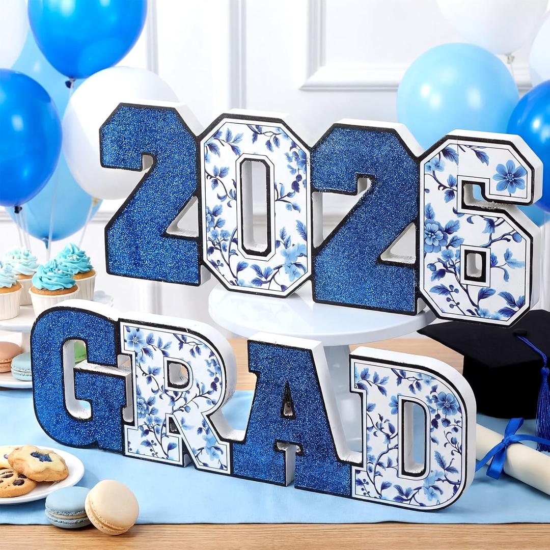 Kathfly 2 Pack 2026 Grad Signs Glitter Graduation Party Decorations Graduation Table Centerpieces Class of 2026 Wooden Tabletop Congrats Grad Signs Table Toppers for Congrats Decor(Blue Chinoiserie)