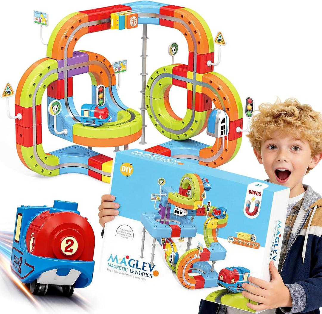 68 PCS Anti-Jam Magnetic Tracks,Flexible Magnetic DIY Electric Train Track Set for Toddlers 3+, USB-Powered STEM Educational Toy Gift