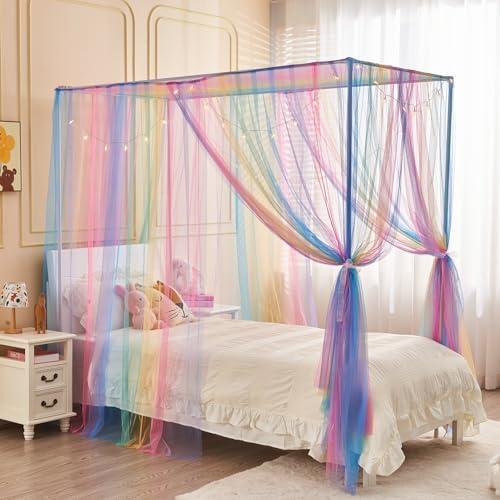 No Brand Rainbow Bed Canopy for Girls Kids, 4 Corner Post Princess Full Canopy Bed Curtains with DIY Star Stickers for Bedroom Decor 84x42