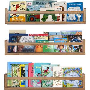 AZSKY Nursery Shelves Light Walnut Floating Book Shelf Organizer for Baby Nursery Dcor Wall Book Shelves for Kids Room 24 Inch Wood Wall Ledge Shelves for Bathroom Kitchen Spice Rack a Set of 3 (24Inch)