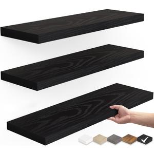 BAYKA Floating Shelves for Wall, Wall Mounted Rustic Wood Shelves for Bathroom, Bedroom, Living Room, Kitchen, Hanging Shelf for Books/Storage/Room Decor with 22lbs Capacity (Black, Set of 3, 15.7in) (15.7inches)