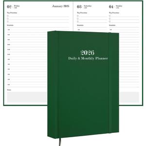 2026 Daily & Monthly Planner - 2026 Daily Planner One Page Per Day from January 2026 to December 2026, 5.8" x 8.3" Hourly Appointment Book Perfect Organizer Daily Life, Fabric Cover, Green