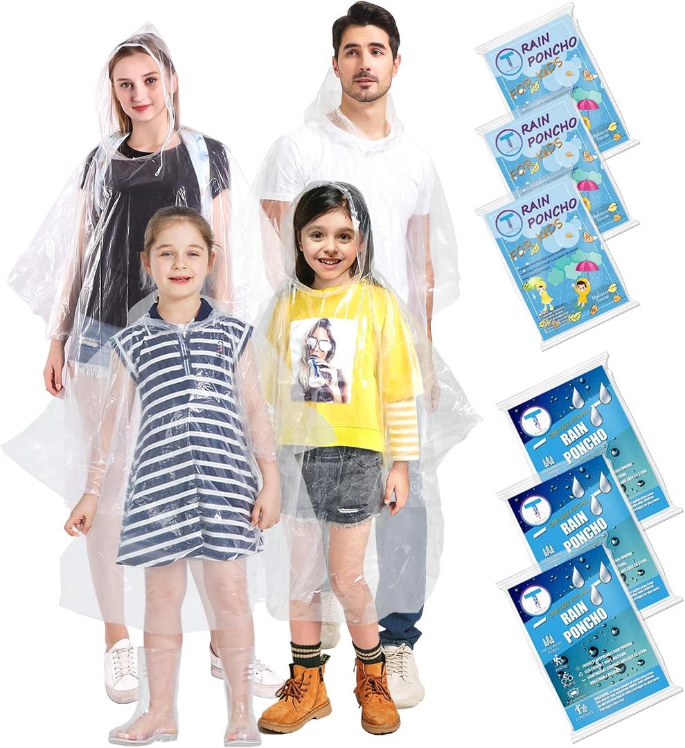 TUNCHMO Disposable Rain Ponchos 6 Pack for Adults/Kids/Family Set-50% Thicker Emergency Ponchos