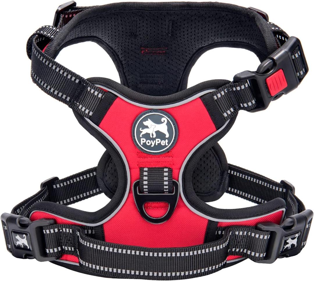 PoyPet No Pull Dog Harness, No Choke Front Clip Dog Reflective Harness, Adjustable Soft Padded Pet Vest with Easy Control Handle for Small to Large Dogs(Red,S)