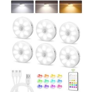 EZVALO 6-Pack Under Cabinet Lighting, Rechargeable Motion Sensor Puck Lights with Remote, 3 Color Temps &12 RGB Colors, Magnetic Stick on Light, Dimmable Under Counter Lights for Kitchen, Shelf, Stair 