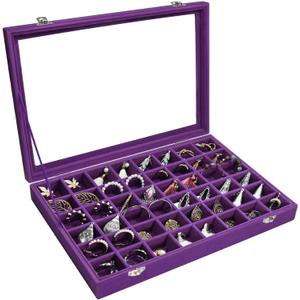 Velvet Jewelry Tray 48 Grid Jewelry Display Tray Organizer Box with Transparent Lid Rings Earrings Necklaces Pendants Display Box Suitable for Women and Girls, (Purple)