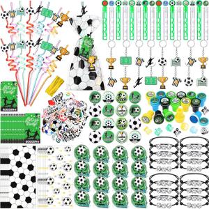 229 Pcs Soccer Party Favors with Ball Bracelets Mini Pinball Mini Bubble Wands Straws Keychains Badges Stickers Stamps Gift Bags Tags for Birthday Themed Party Sport Supplies