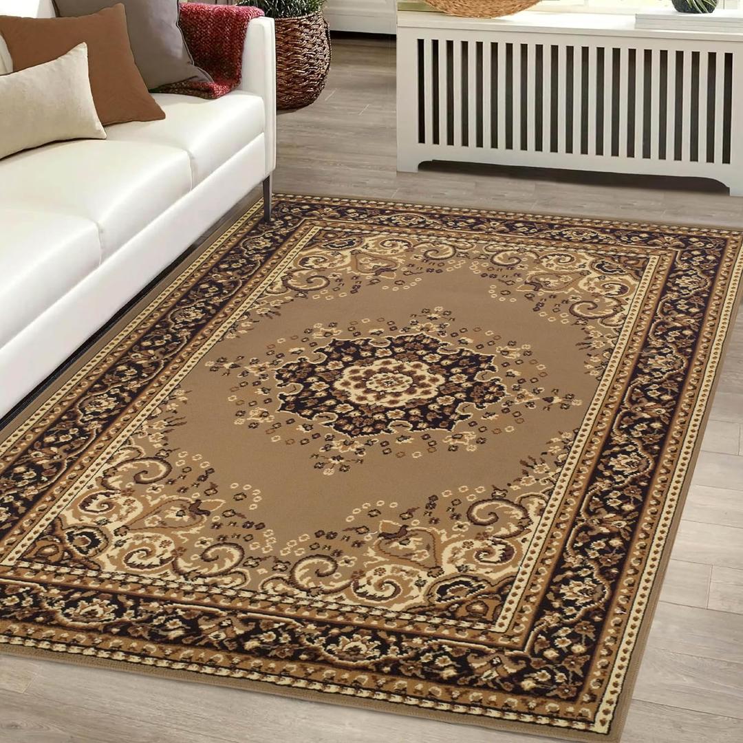 Superior Indoor Large Area Rug With Jute Backing, Floor Decor for Bedroom, Farmhouse, Kitchen, Office, Living Room, Woven Rugs, Elegant Medallion Border, Leopold Collection, 8' x 10', Brown (Multi Color)