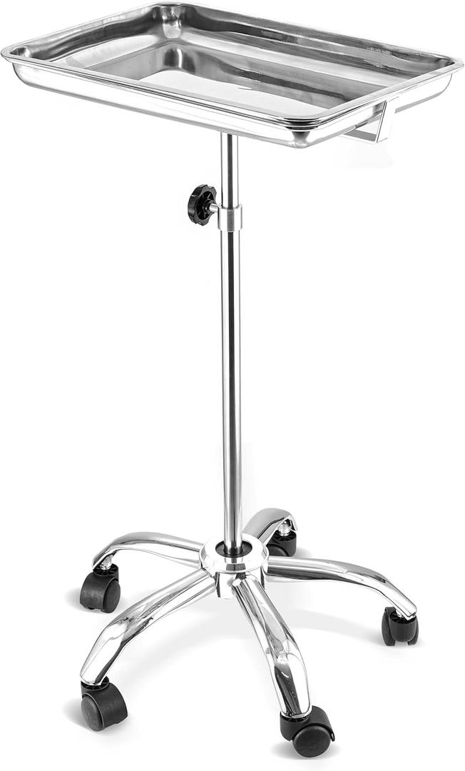 Houseables Mayo Stand, Medical Tray on Wheels, Mayo Stand with Wheels, Tattoo Tray, Stainless Steel Medical Cart, Surgical Cart, Rolling, Esthetician, Hair Salon, Stylist, Adjustable Height 31"-49"