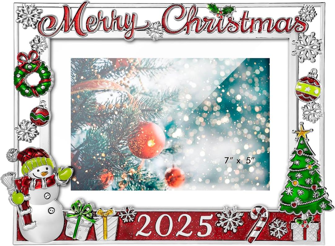 2025 Christmas Decorations Picture Frame 5x7 Snowflake Christmas Metal Photo Display Photo Frames with High Definition Glass Front Gift Ideas Tabletop Home Decorative (Snowman 2025)