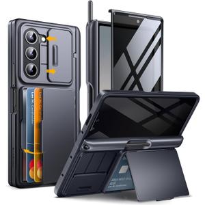 TONGATE for Z Fold 6 Case, [Anti Spy Privacy Screen Protector & Slide Camera Cover] [Card Holder & S Pen Holder] Rugged Hinge Protection Wallet Kickstand Phone Case for Samsung Galaxy Z Fold 6, Black