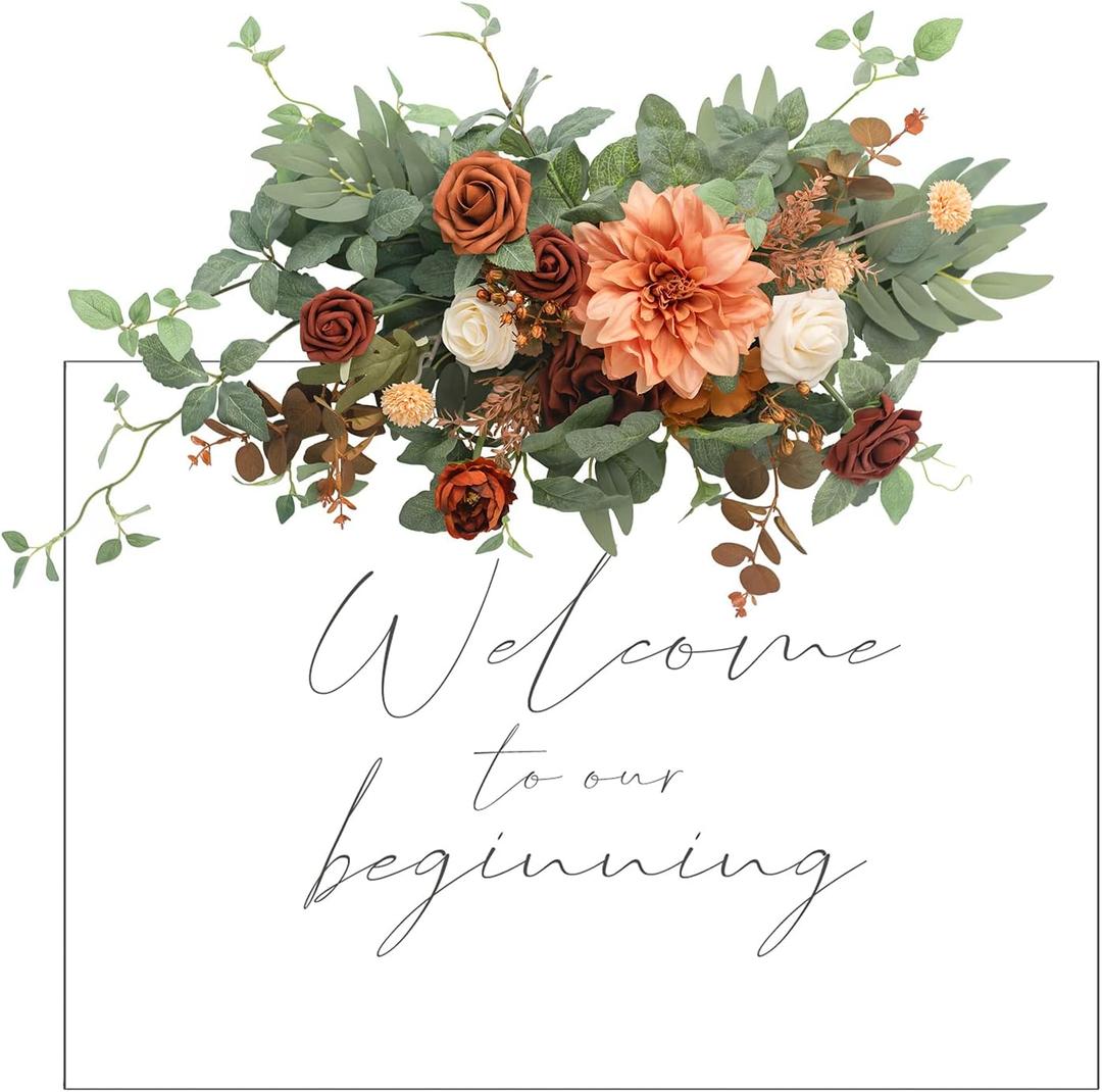 Ling's Moment Fall Wedding Floral Swag Welcome Sign Artificial Flowers Backdrop Garland Terracotta Orange For Ceremony Reception Wall Easel Home Decoration Entryway Faux Outdoor Board Head Table Decor