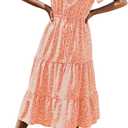 PRETTYGARDEN Summer Floral Dress for Women 2025 Casual Boho Short Sleeve Maxi Dresses V Neck Tiered Flowy Beach Sundress (Large, Orange Yellow)
