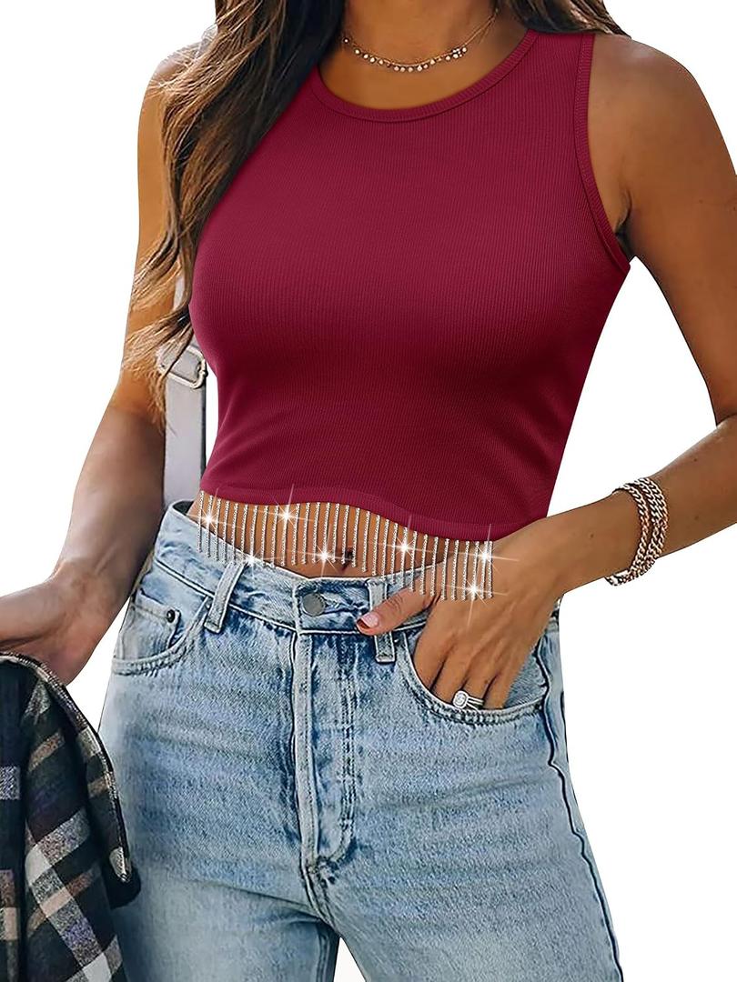Nlife Womens Western Concert Sparkly Fringe Tops Cowgirl Tassel Tank | western tank,concert,Ribbed texture,Sparkly tassel,Going Out,party,Glitter (Red, L)