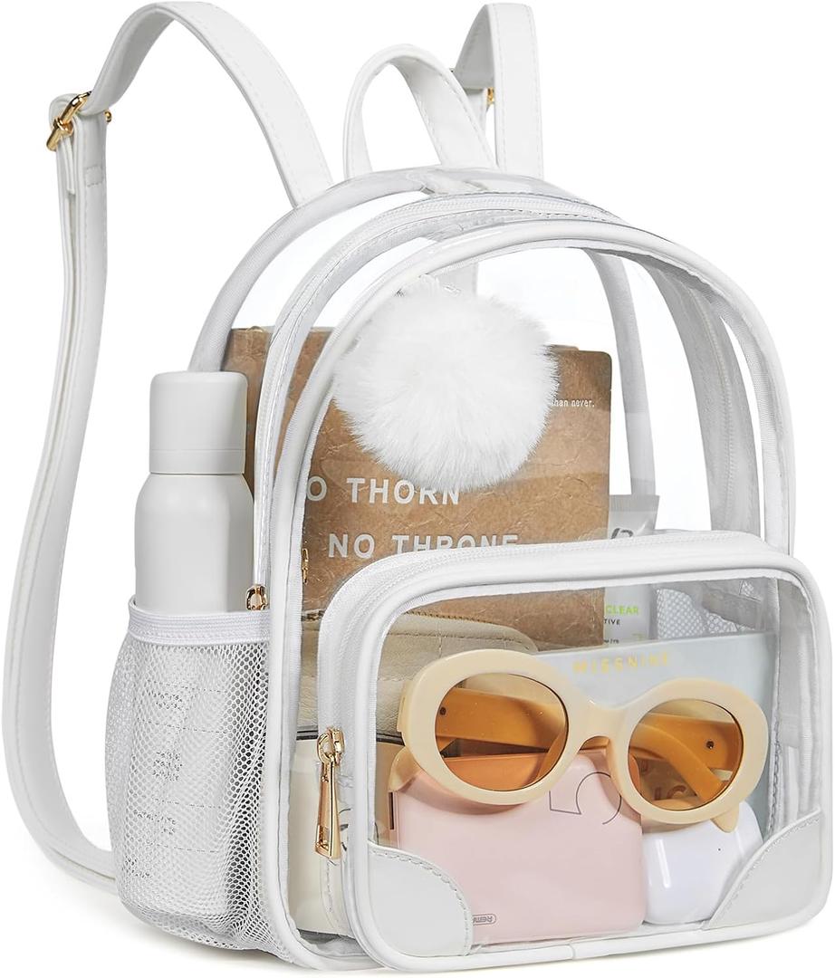 Missnine Anti-theft Clear Backpack, Small Mini Clear Bag for Sport Event Concert with Cute Fur Ball (White)