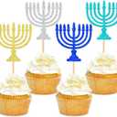 24 PCS Happy Hanukkah Cupcake Toppers Candlestick Hexagram Cake Topper Decorations Chanukkah Theme Party Supplies (Blue1)