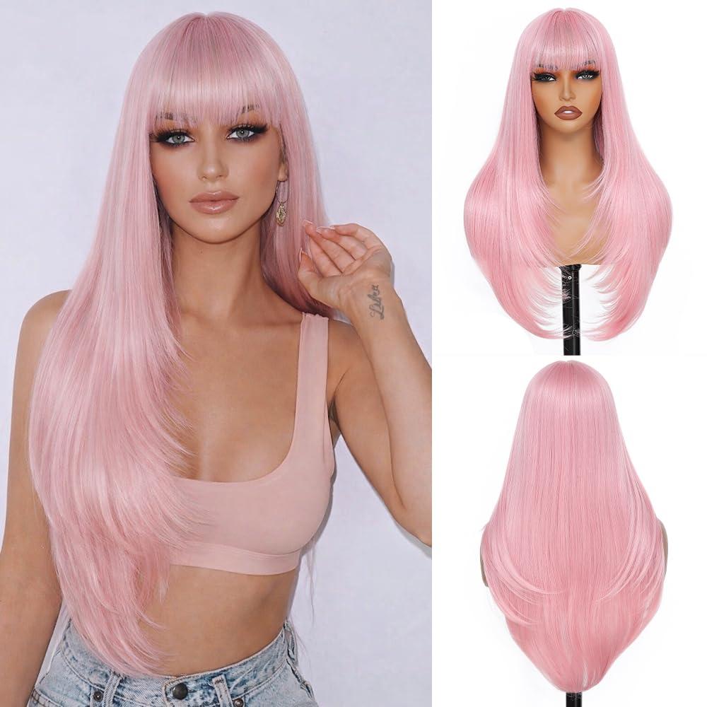 Pink Wig-Long Straight Wigs for Women,28 Inch Glueless Bang Wig Synthetic Hair,Light Pink Color Womens Wigs for Cosplay Party Halloween (Pink)