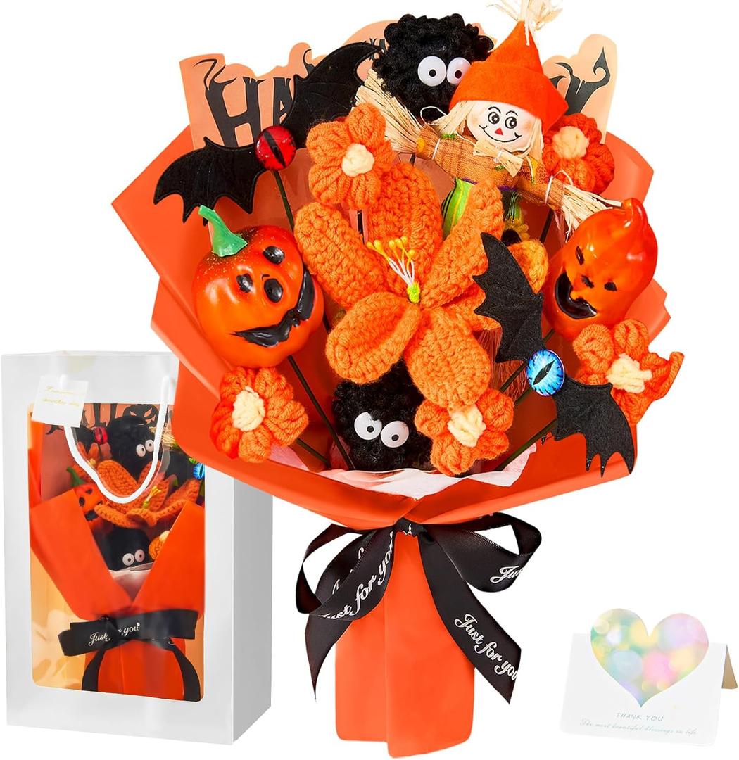 Crochet Flowers Bouquet Halloween Gothic Decor Spooky Indoor with Bats Ghost Pumpkin Scarecrow Fake Forever Flowers Table Decor for Home Decoration, Gothic Gifts for Women and Girls(Gift Card and Bag) (13x11, Orange)