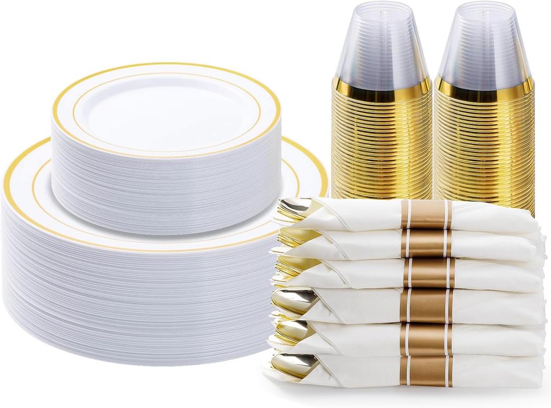 BESTVIP 175PCS Gold Plastic Dinnerware Set, Disposable Party Plates for 25 Guests, Includes: 50 Plastic Plates, 25 Pre-Rolled Napkins with Gold Silverware, 25 Cups for Christmas, Halloween
