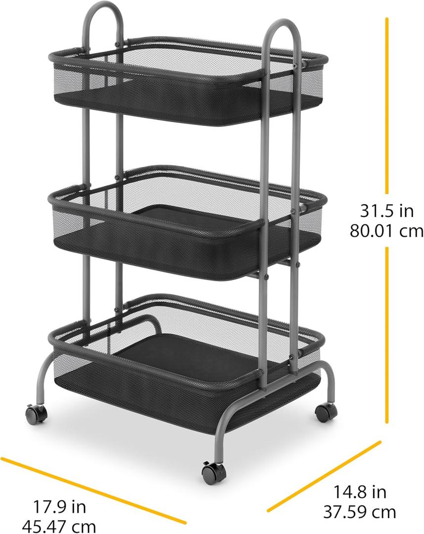 Whitmor Storage Cart Metal 3 Tier Rolling Cart with Wheels, Utility Cart for Bathroom, Bedroom, Bitchen, Laundry Room, Black