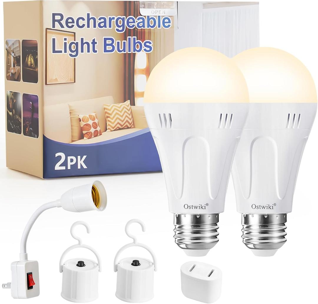 2 Pack Rechargeable Light Bulbs,Battery Backup Light Bulb for Emergency UseA19 E26 Emergency Light Bulbs for Power Outage 9W 3000K Warm Self-Charging Bulb for Hurricane Outdoor Camping Hiking