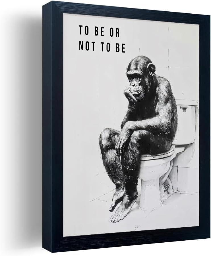 Orvannaatr Minimalist Bathroom Wall Decor, Chimp Wall Art on Toilet, Chin Rests, Fun Bathroom Animal Art, Black and White Canvas Prints Can Be Hung Directly -Frame,8"x 10"
