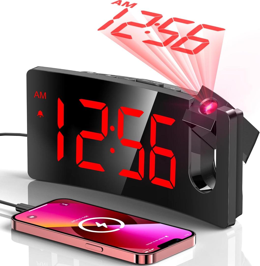 GOLOZA Projection Alarm Clock, Digital Clock with Modern Curved Design 180 Rotatable Projector, 3-Level Brightness Dimmer, Clear Red LED Display, Progressive Volume, 9mins Snooze,12/24H, for Bedroom